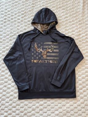 Realtree Hoodie Sweatshirt Mens Large Black Flag Logo Fleece Pullover Camo